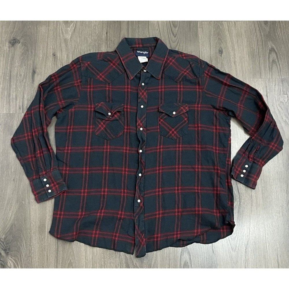 VINTAGE Wrangler Shirt Mens 2XL Pearl Snap Flannel Western Green Red Blue Cowboy